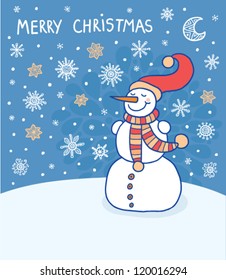 Funny cartoon snowman - merry christmas card