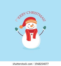 Funny cartoon snowman, postcard, illustration with a snowman on a blue background.