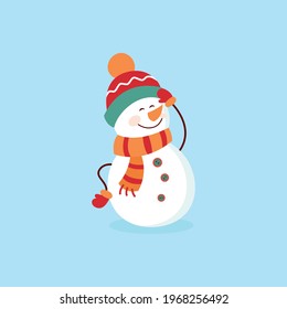 Funny cartoon snowman, postcard, illustration with a snowman on a blue background.