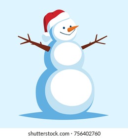 Funny Cartoon Snowman in a red Santa hat. Vector character-smiling snowman. Merry christmas and happy new year greeting card with snowman. Vector illustration isolated from blue background