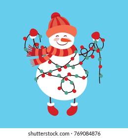 Funny cartoon snowman, Vector illustration with snowman in top hat.