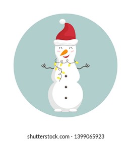 Funny cartoon snowman. Vector Merry Christmas and Happy New Year illustration.