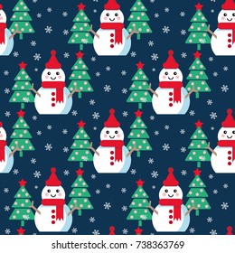 Funny cartoon snowman, Vector seamless illustration with snowmen and Christmas trees
