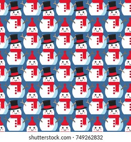 Funny cartoon snowman, Vector seamless illustration with snowmen