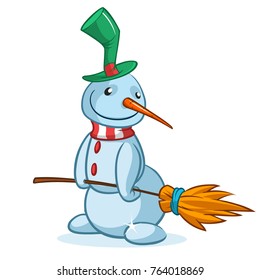 Funny cartoon snowman wearing hat and broom. Christmas snowman character illustration outlined and isolated