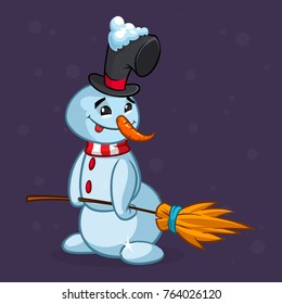 Funny cartoon snowman wearing hat and broom. Christmas snowman character illustration outlined and isolated