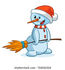 Funny cartoon snowman wearing hat and broom. Christmas snowman character illustration outlined and isolated