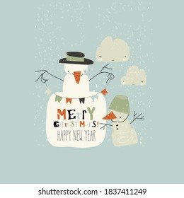 Funny cartoon snowmans celebrating winter holidays. Merry Christmas