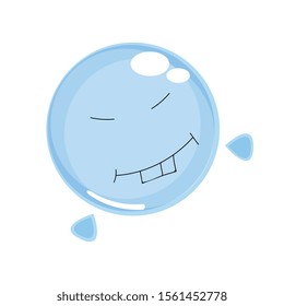 Funny cartoon soap blue bubble with his hands in the form of drops.