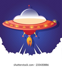 Funny cartoon Spacecraft. Cute cartoon boy in Flying Shuttles. Illustration starship