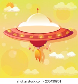 Funny cartoon Spacecraft. Cute cartoon Flying Shuttles. Illustration starship. Shuttles In the sunny sky. the edited. Hand drawn image in vector. Editable Spaceship