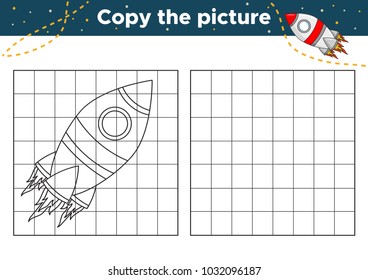 Funny cartoon spaceship. Educational game for children. Copy the picture using a grid. Coloring page or book for kids.  Vector illustration