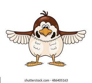 Funny cartoon sparrow  with wings widely spreading out