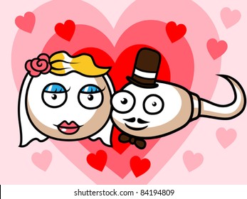 Funny cartoon sperm and an egg wedding, vector illustration