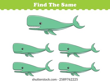 Funny cartoon sperm whale. Find same pictures. Educational game for children. Cartoon vector illustration