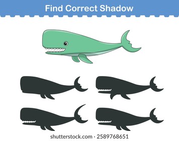 Funny cartoon sperm whale. find the correct shadow. Kids Education games. Cartoon vector illustration