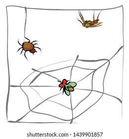 Funny cartoon spider caught a fly in the web, brush drawings style 