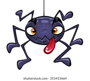 Funny cartoon spider dangles on a string of his web.