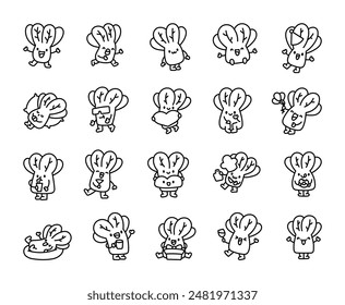 Funny cartoon spinach character. Coloring Page. Fun vegetable food. Hand drawn style. Vector drawing. Collection of design elements.