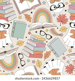 Funny cartoon spooky ghost pupil in glasses with books vector seamless pattern. Groovy hand drawn back to school education background.