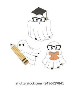 Funny cartoon spooky ghosts pupils with book pencil in glasses vector illustration set isolated on white. Groovy hand drawn back to school education print poster postcard design.