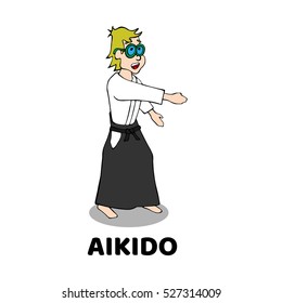 Funny cartoon sports. Aikido boy in glasses