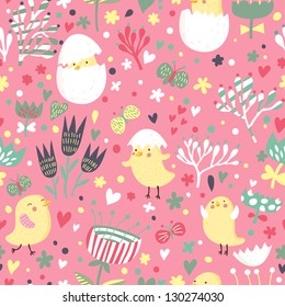 Funny cartoon spring background. Cute chicks in flowers - vector seamless pattern for bright wallpapers
