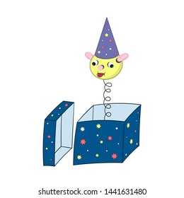 A funny cartoon spring in a festive cap - with a head, eyes, ears and mouth looks out of a gift box and shows the tongue.