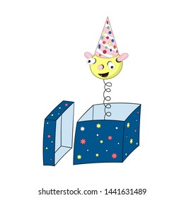 A funny cartoon spring in a festive cap - with a head, eyes, ears and mouth looks out of a gift box and laughs.