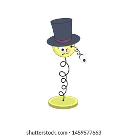 funny cartoon spring - with head, eyes and mouth, is wearing a hat and one eye falls off
