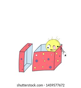 funny cartoon spring - with head, eyes and mouth, looks out of a gift box and one eye falls off