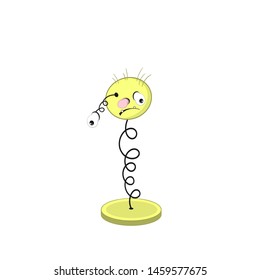 funny cartoon spring - with head, eyes and mouth, stands on a stand and one eye falls off