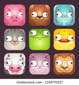 Funny cartoon square animal faces, app icons set. Comic colorful GUI assets. Vector zoo game elements.