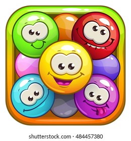 Funny cartoon square app icons for application store. Game logo template with colorful bubble characters, vector element for gui design.
