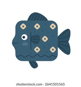 Funny cartoon square fish with geometric body shape and decorative scales. Cute ocean animal in flat style, perfect for children’s illustrations, educational materials, underwater themes