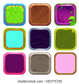 Funny cartoon square frames for app icons design. GUI assets, isolated on white. Game elements set.