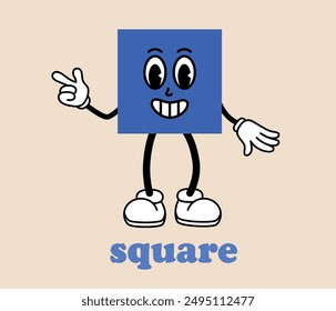 Funny cartoon square. Geometric Figures with face emotions, hands and legs. Different shapes. Comic elements in trendy retro cartoon style. Vector illustration