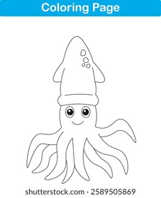 Funny cartoon squid. Coloring pages. Vector illustration