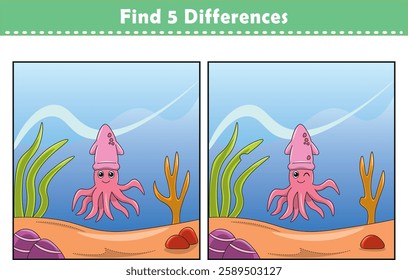 Funny cartoon squid. Find 5 differences. Kids Education games. Cartoon vector illustration
