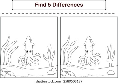 Funny cartoon squid. Find 5 differences. Kids Education games. Cartoon vector illustration