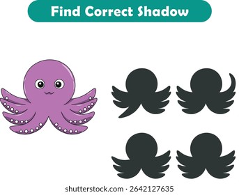 Funny cartoon squid. find the correct shadow. Kids Education games. Cartoon vector illustration