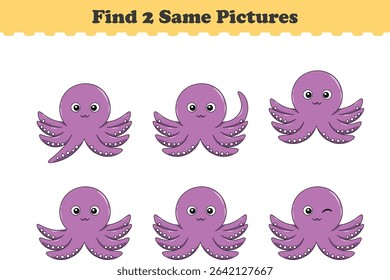 Funny cartoon squid. Find two same pictures. Educational game for children. Cartoon vector illustration