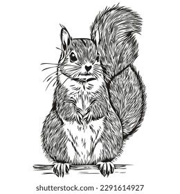 Funny cartoon squirrel, line art illustration ink sketch baby squirrel.
