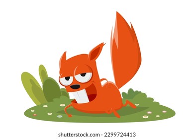 funny cartoon squirrel lying on the meadow