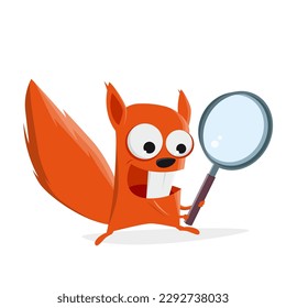 funny cartoon squirrel with magnifying glass