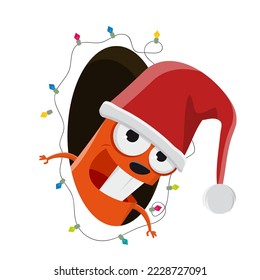 funny cartoon squirrel with santa clause hat looking out of a hole with christmas decoration