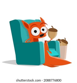 funny cartoon squirrel sitting in sofa and eating nuts