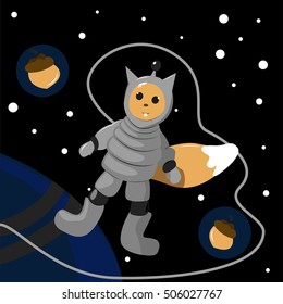 Funny cartoon squirrel in the space with nuts. Vector illustration.