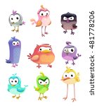 Funny cartoon standing birds set on white background. Vector cute comic bird characters.