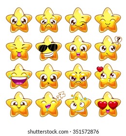 Funny cartoon star character emotions set, vector icons, isolated on white